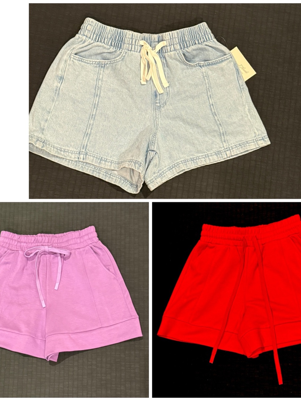 NWT Size Small Women’s drawstring shorts bundle of 3 . Denim, purple and red.